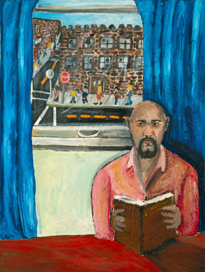a bald black man with a goatie sits reading at a table, behind him a window flanked by royal blue curtains; through the window, a view of a city block