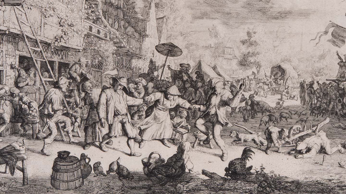 intaglio print of 16th-century Dutch villagers carousing
