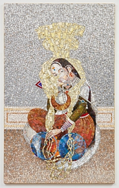 a mosaic, made of glass and stone pieces, depicts a woman seated, wearing colorful garments and gazing at the viewer