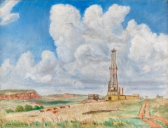 a pastoral scene with brown cows grazing amid wheat grass on a hillside near a well or similar drilling tower; a dirt path leads from the foreground down the right side of the view into the distance; blue skies with billowing clouds fill the top two-thirds of the scene