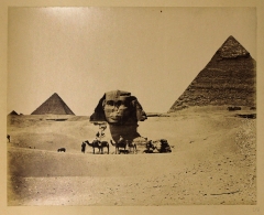 a view of the Sphinx with the pyramids of Giza in the background, c. 1870