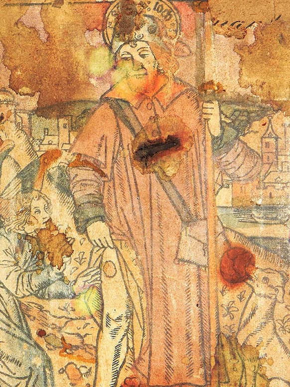 a colorful woodcut, almost watercolorish in quality, depicting a berobed saint with an angel and a lamb
