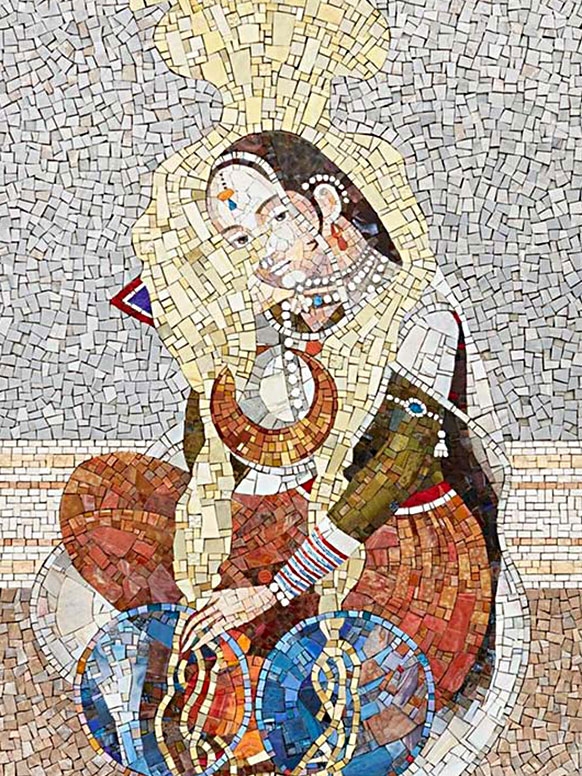 colorful mosaic depicting a seated woman with an ethereal golden halo