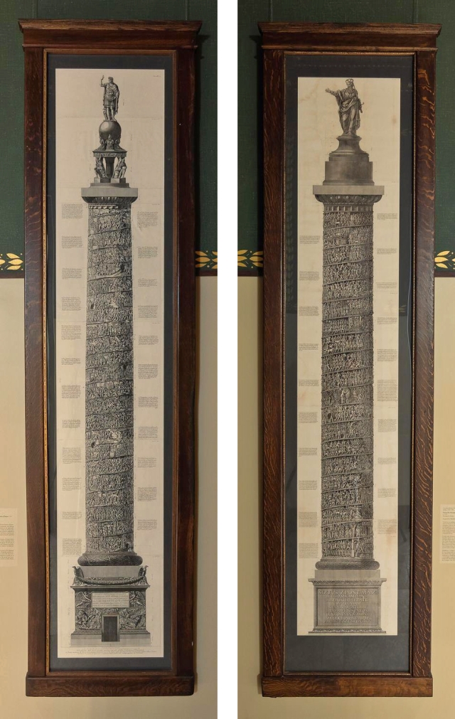 two large etchings on paper showing ancient columns carved in light relief