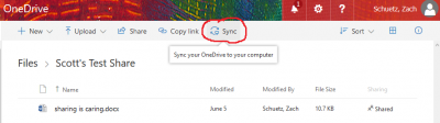 Shows the sync button for shared folders in Onedrive