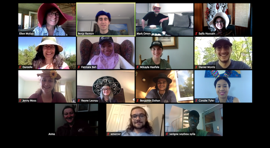 Screenshot of Zoom gathering with Scott Center staff and students wearing fun hats