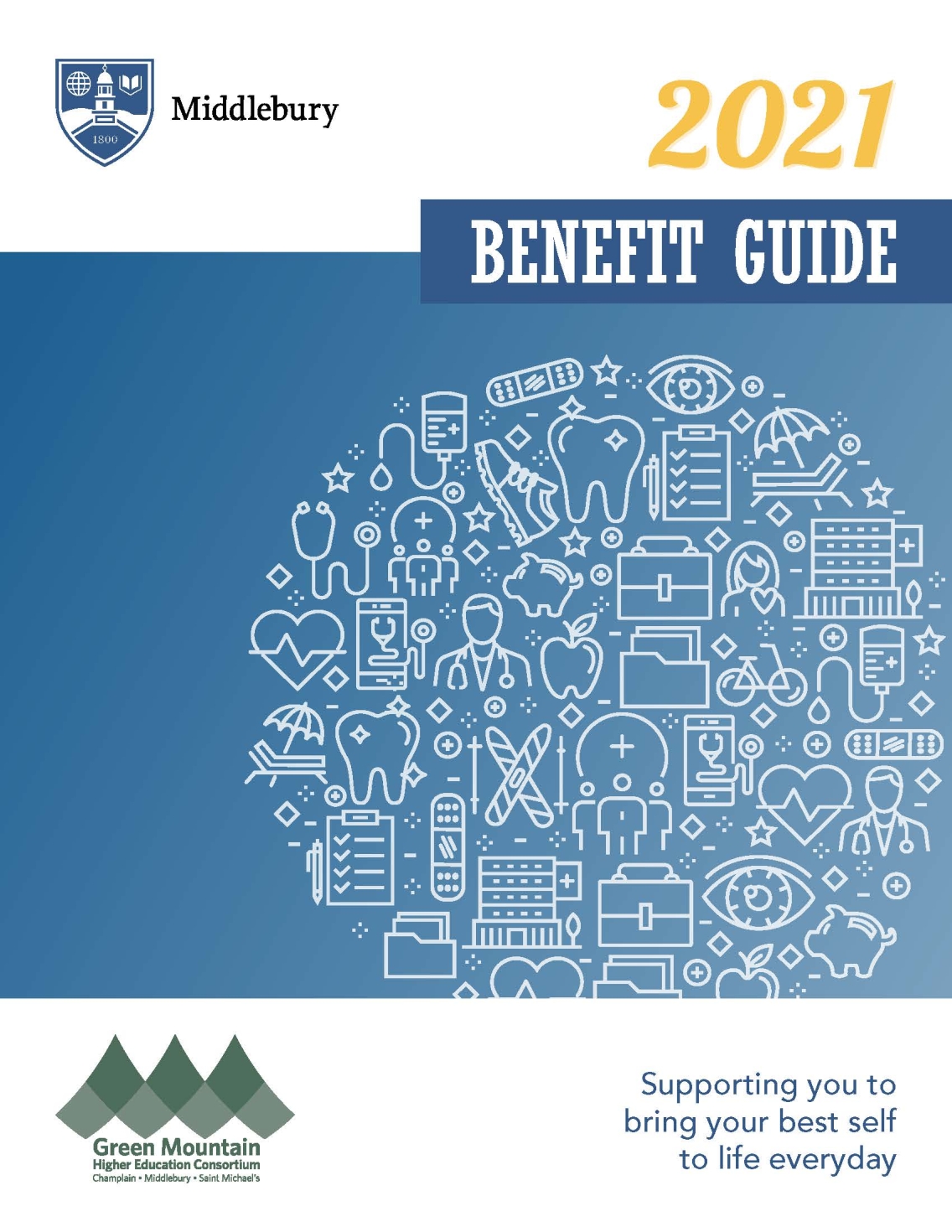 Cover image of the 2021 Middlebury Benefit Guide for employees.