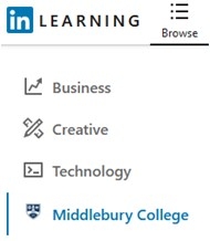 LinkedIn Learning's Browse Middlebury Content menu