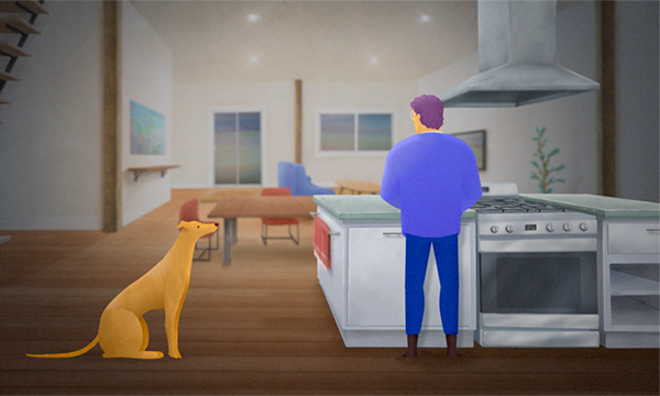animation still showing a man in his spacious kitchen, looking over his shoulder at the dog begging for scraps to his left