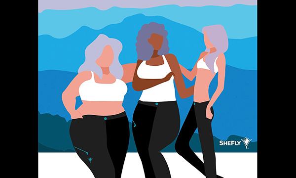 an illustration of three different feminine people of differing skin tones and body shapes wearing SheFly pants with the mountains in the background