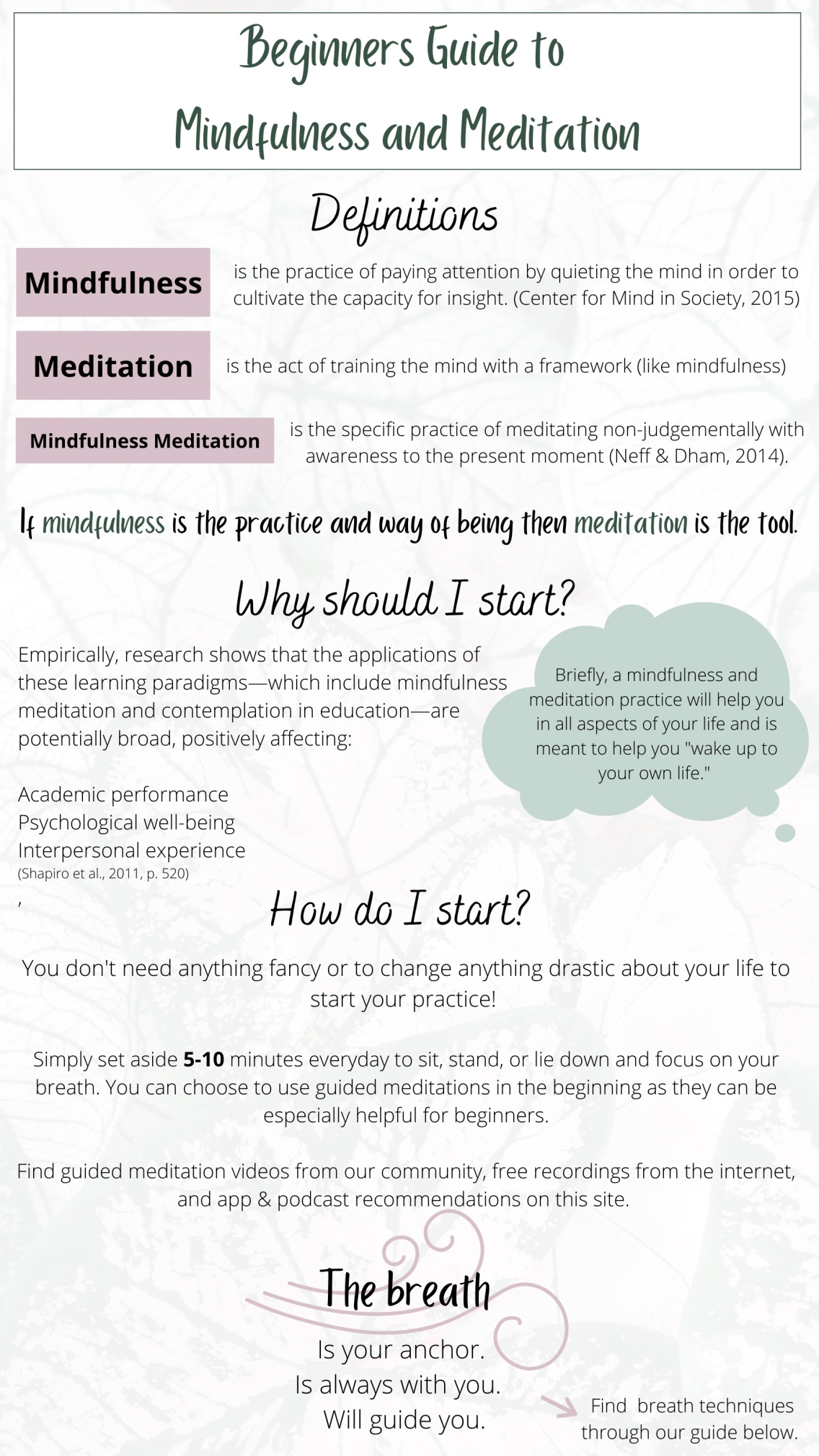 Beginner Meditation Guide includes definitions, why should i start, and how to start sections and instructions. The background is a leaf pattern faded with pink and pale green as the accent colors of the poster.  