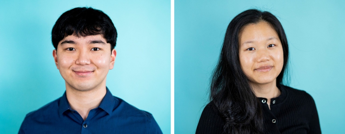 Naoki Kihata and Jordyn Kim smile at the camera in front of a light blue background