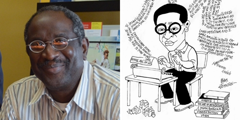 A portrait of Nathaniel G. Nesmith next to a black and white cartoon version of him sitting and writing at a typewriter