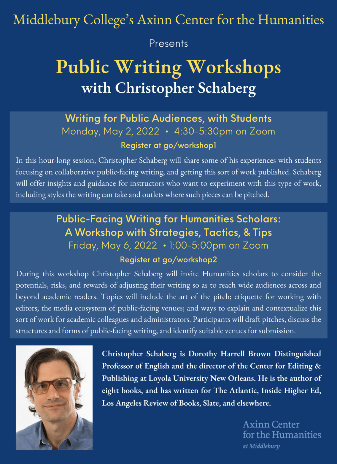 Poster for Public Writing Workshops with Christopher Schaberg