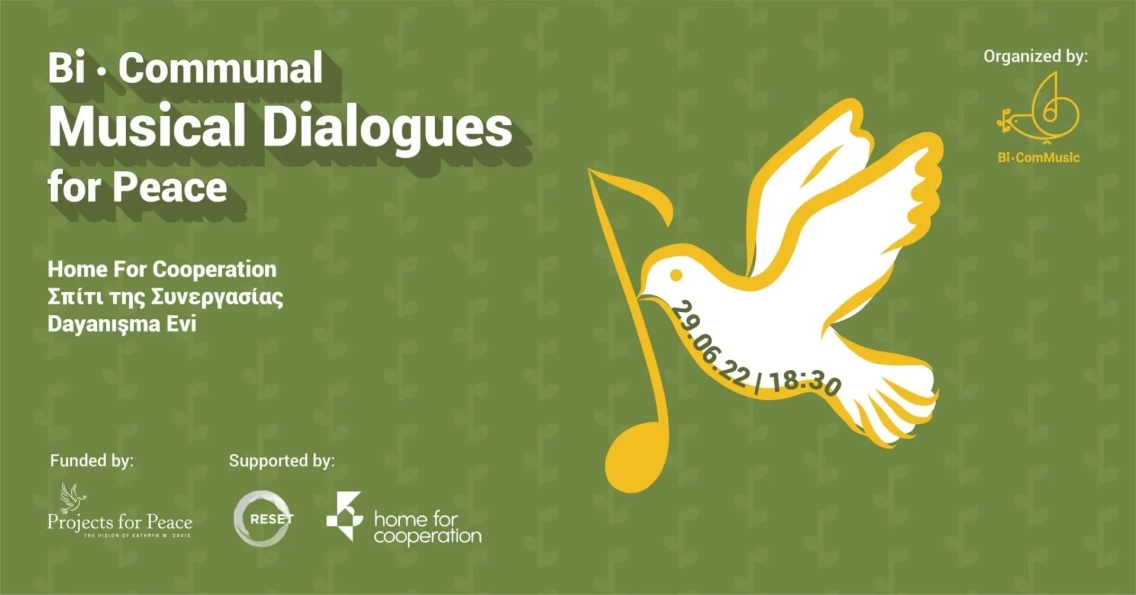 Green background with large white text "Bi-communal Musical Dialogues for Peace" next to a white and yellow illustration of a dove carrying a quarter note in its beak.