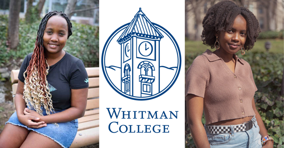 Portraits pf Joy Nampaso on the left and Stacy Mwangi on the right separated by a blue image of a clocktower above the words "Whitman College," also in blue.
