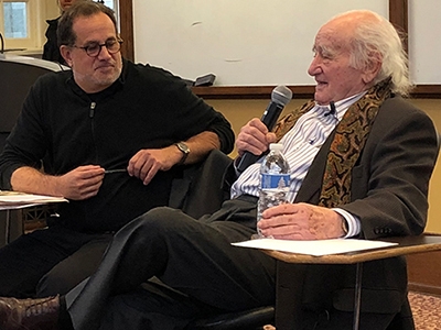 Roman Kent, right, chairman of the American Gathering of Jewish Holocaust Survivors, and his son, Jeffrey, joined students for a discussion followed by a public lecture last April.