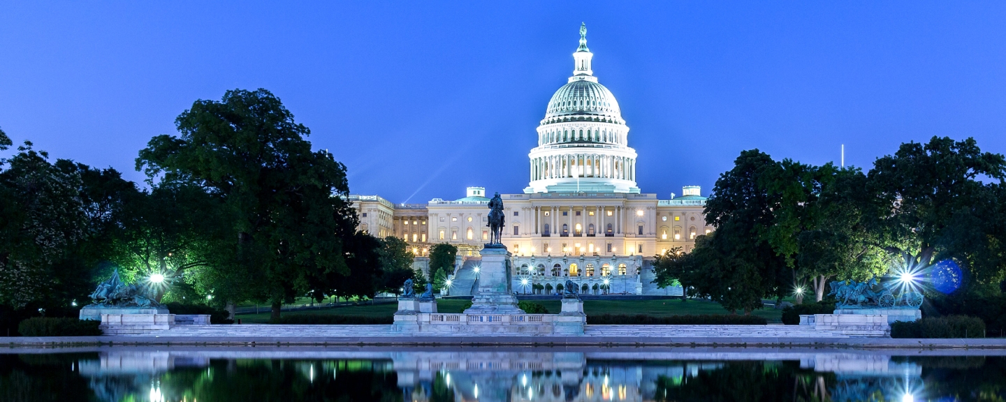 An evening view of the capitol in Washington, DC.