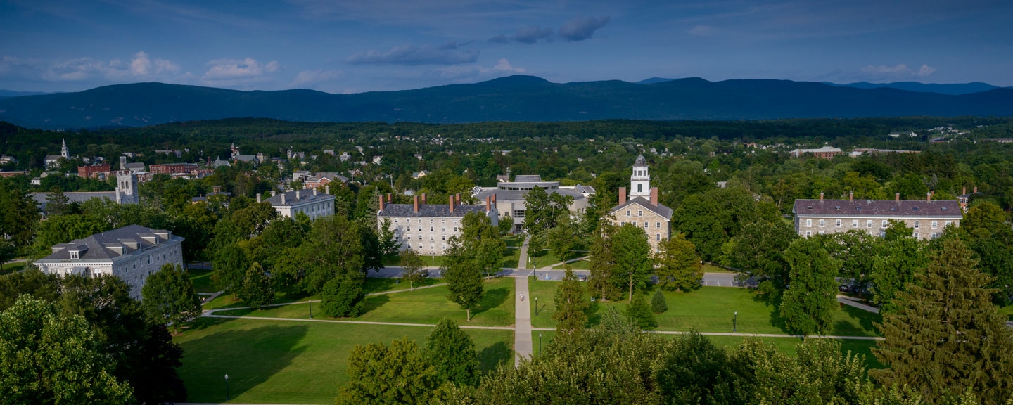 View of Middlebury campus toward the Green Mountains.