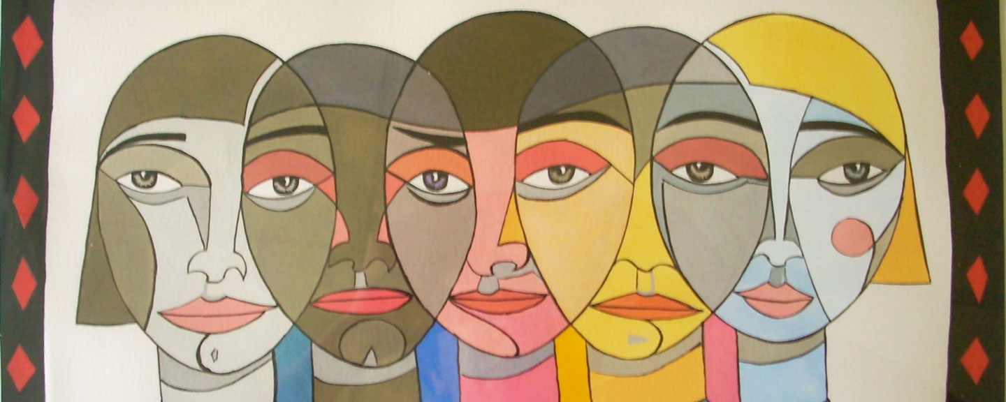 Painting of faces merging together yet individually apart.