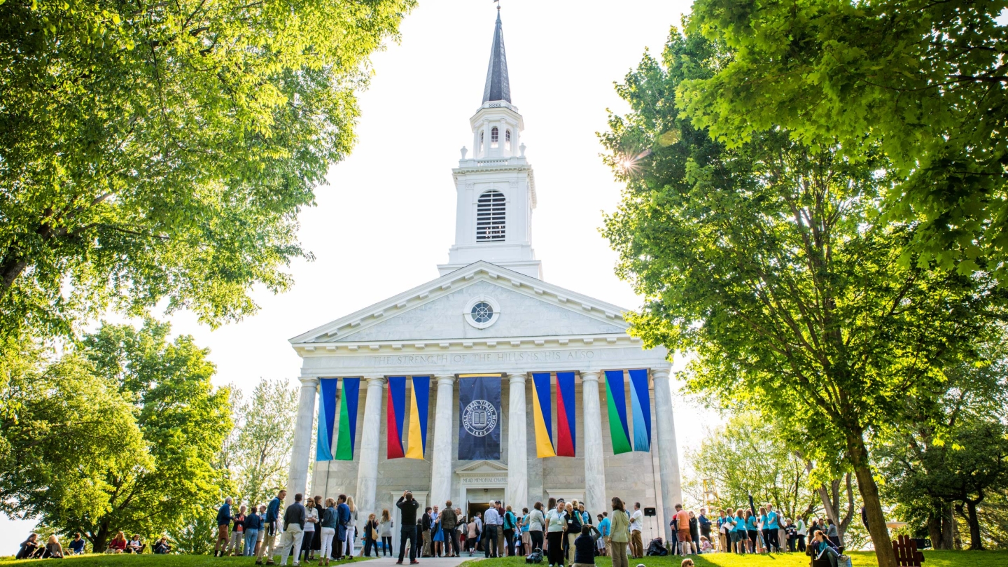 Alumni celebrate during Reunion in front of Mead Memorial Chapel