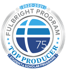 Blue and white circular badge for Fulbright top producers