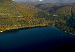 Drone photograph of Vermont mountains overlooking a lake