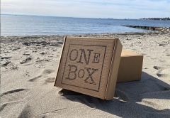Photo of a cardboard box with the words "one box" inscribed on it rests on a beach