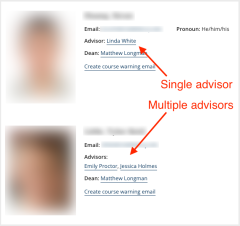 Screen shot of Course Hub roster showing multiple advisors for a student.