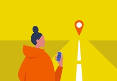 Graphic of a person wearing a hoodie holding a cellphone while looking down a road.