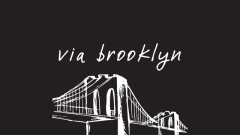 pen drawing of the Brooklyn Bridge with the words "Via Brooklyn"