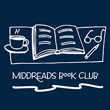 MiddReads Book Club logo: a sketch of an open book, accompanied by a steaming mug, a pencil, and reading glasses