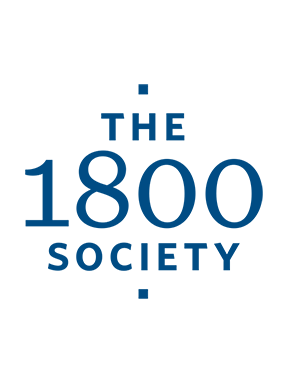Logo: The 1800 Society; dark blue text on a white background, bracketed above and below by small blue squares