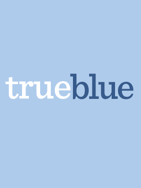 Logo: "true blue" in white and dark blue, on a light blue background