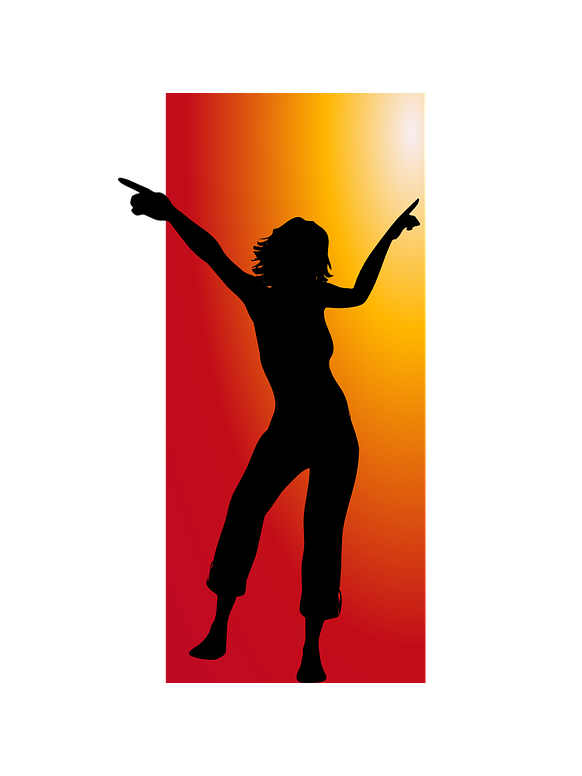 silhouette of a figure dancing with arms upraised against a vibrant red-and-yellow-background