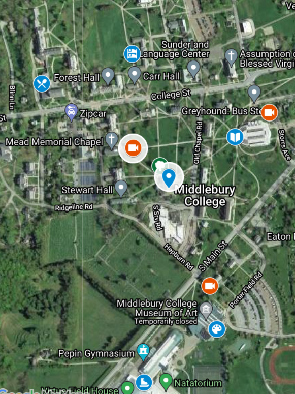 a satellite-eye view of the College campus, pins scattered on various landmarks