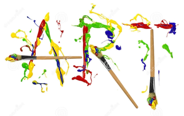 the word "ART" spelled out with brushes and spattered paint