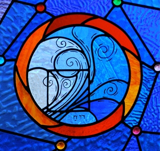 blue and red stained glass image with blue waves