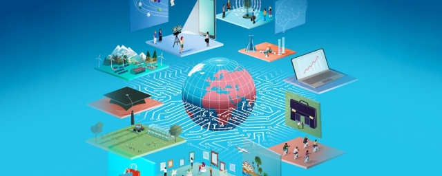 A blue and red world floats surrounded by various academic objects such as laptops and classrooms