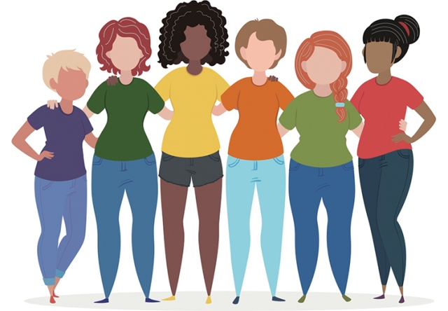 Graphic of women standing side-by-side in various colored shirts