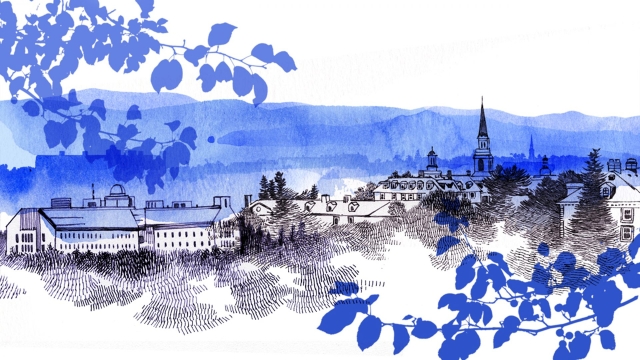 Middlebury College skyline illustrated in blue and black watercolor