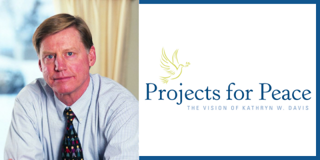 A portrait of Phil Geier next to the Projects for Peace logo with blue text "Projects for Peace the Vision of Kathryn W. Davis" on a white background 