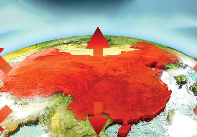 Graphic of China with Red arrows pointing out from it
