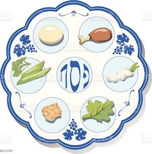 blue and white scalloped edge seder plate, with all components