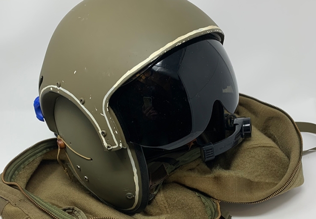 Aviator helmet and carrying bag used by Tom Easton ’66 in the war in Vietnam.