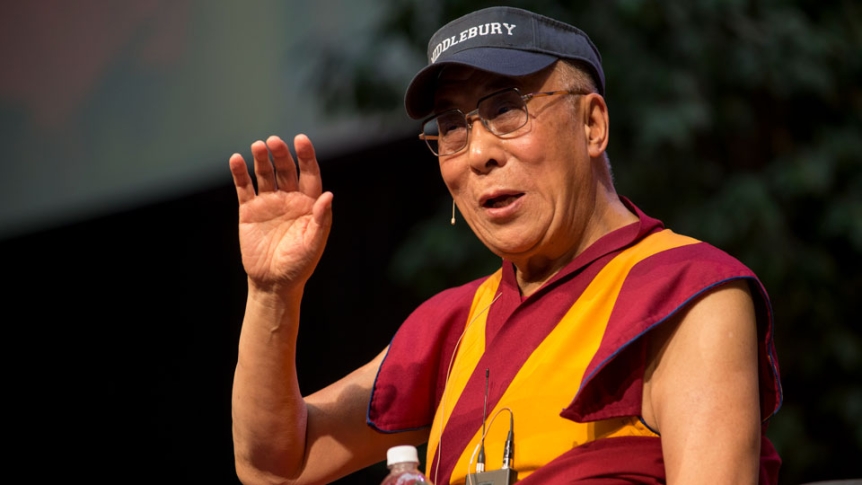 Photo of the Dalai Lama from his 2012 visit to the Middlebury campus.