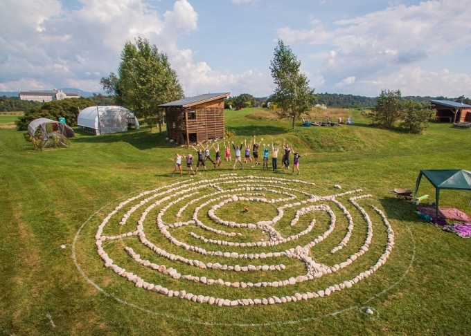 Work crew celebrating the 2017 construction of our walking meditation labyrinth at The Knoll organic garden.