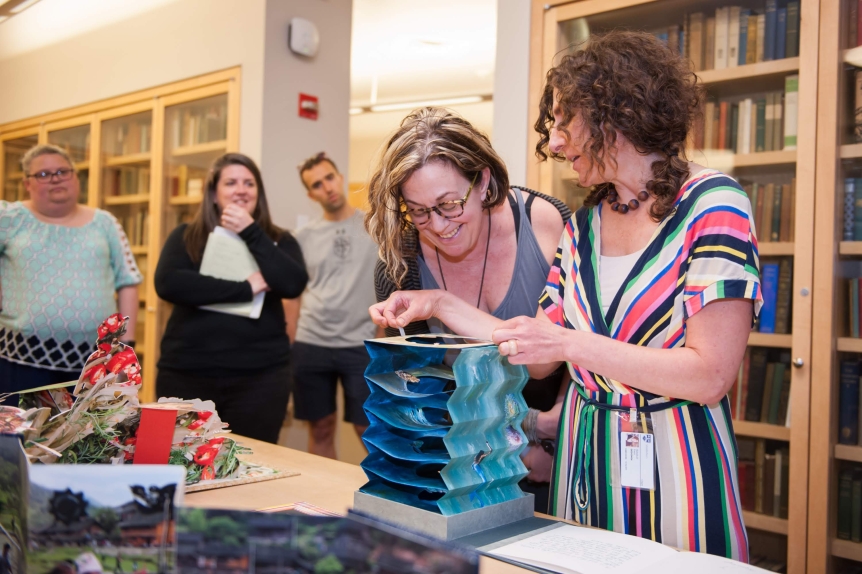 Curator of Special Collections Rebekah Irwin showcases Middlebury’s book arts collection in a Bread Loaf School of English graduate seminar.