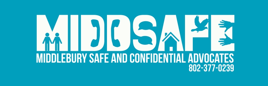 Teal MiddSafe Logo with white lettering. Has small designs in each letter of the word, including a house, phones, a bird and helping hands. Reads Middlebury Safe and Confidential Advocates along the bottom.