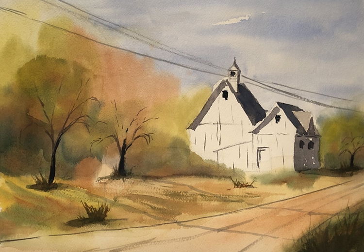 Watercolor painting of a barn and trees